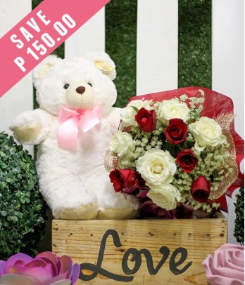 1 Dozen Red and White Roses with Bear