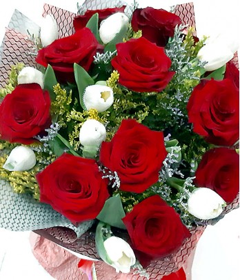 1 Dozen Red Ecuadorian Roses and 1 Dozen White Tulips