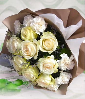 1 Dozen White Imported Roses and White Carnation