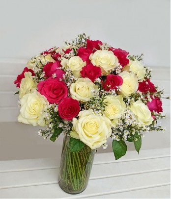 2 Dozen Red and 2 Dozen White Roses in a Vase
