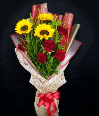 3 Sunflowers and 5 Red Ecuadorian Roses
