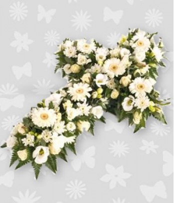 Casket of cross white flowers