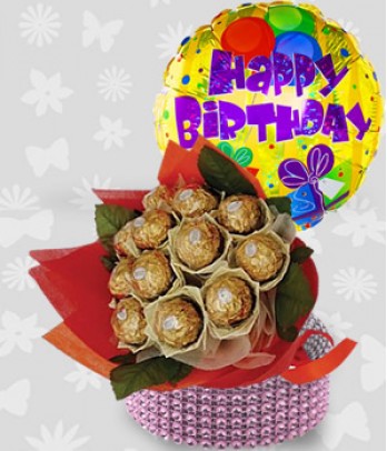 chocolate bouquet with happy b-day balloon